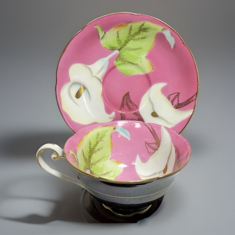 Wako China Cup & Saucer Pink Black Gold Calla Lily Occupied Japan Vintage